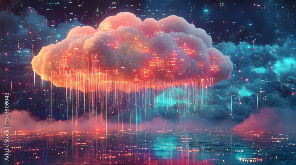 Virtual cloud with streaming glowing data in futuristic digital world image Virtual cloud with streaming glowing data in futuristic digital world image