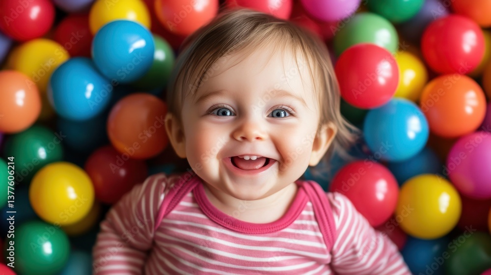 Baby girl smiling joyfully while playing in a colorful ball pit filled with various plastic balls Baby girl smiling joyfully while playing in a colorful ball pit filled with various plastic balls