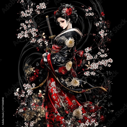 Woman in Kimono Holding Katana with Floral Background