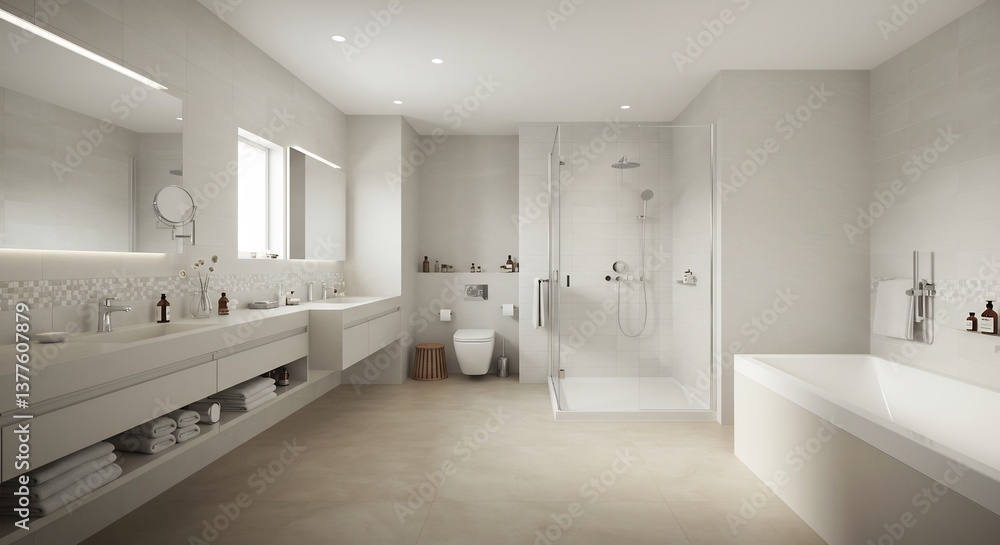 Fototapeta premium Modern minimalist bathroom design soft light spacious feel. AI Generated