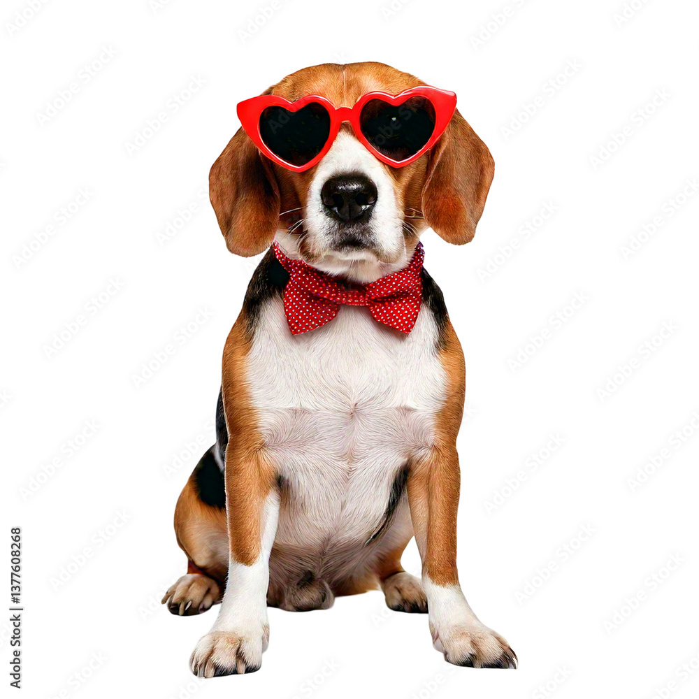 A beagle in heart-shaped sunglasses and a bowtie. A beagle in heart-shaped sunglasses and a bowtie.