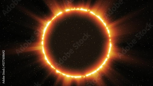 A solar eclipse or a ring of light in space. In the center is a dark circle filled with particles and stars. There is a glowing orange ring around the circle, which turns into blurred rays.