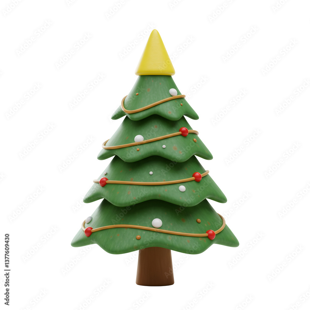 3D Cartoon Christmas Tree with Yellow Star and Ornaments 3D Cartoon Christmas Tree with Yellow Star and Ornaments