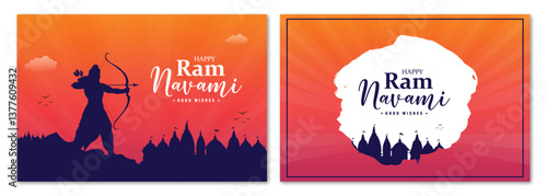 Ram navami good wishes social media post or banner vector design with god ram bow silhouette, and temple, grunge,