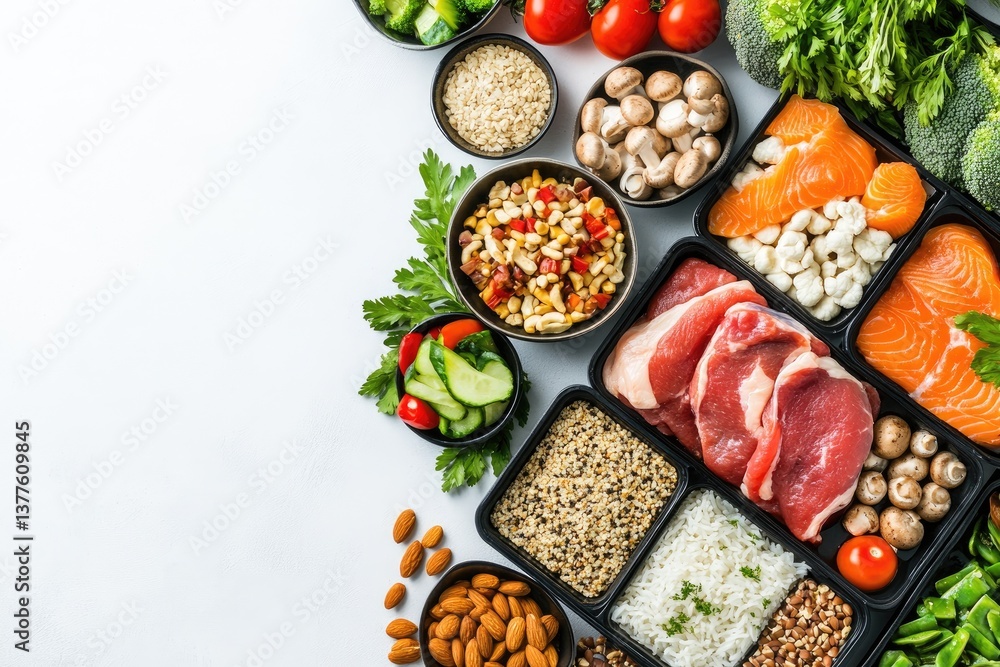 Healthy meal prep containers with various fresh ingredients. Assortment of vegetables, grains, lean protein, and nuts. Perfect for balanced, healthy eating Healthy meal prep containers with various fresh ingredients. Assortment of vegetables, grains, lean protein, and nuts. Perfect for balanced, healthy eating