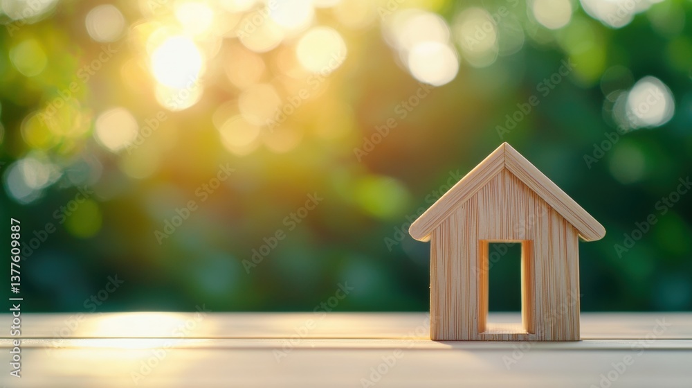 A small wooden house model sits on a table, illuminated by soft, warm sunlight with a blurred green background. A small wooden house model sits on a table, illuminated by soft, warm sunlight with a blurred green background.