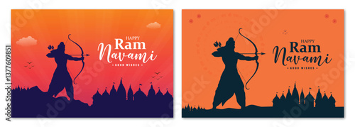 Ram navami good wishes social media post or banner vector design with god ram bow silhouette, and temple	