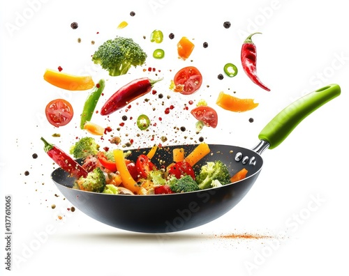 Colorful vegetables sauteing in a wok. Freshly chopped vegetables, including bell peppers, broccoli, cherry tomatoes, and chili peppers, are being tossed in a wok, with spices and seasonings