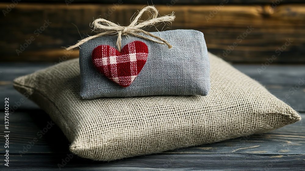 Two decorative pillows with a small heart and a simple bow Two decorative pillows with a small heart and a simple bow