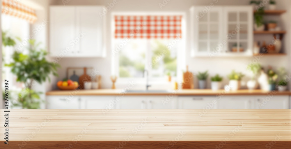 Fototapeta premium Wooden kitchen table top with blurred background of bright home interior with green plants and utensils, perfect for food product presentation. Ai generative