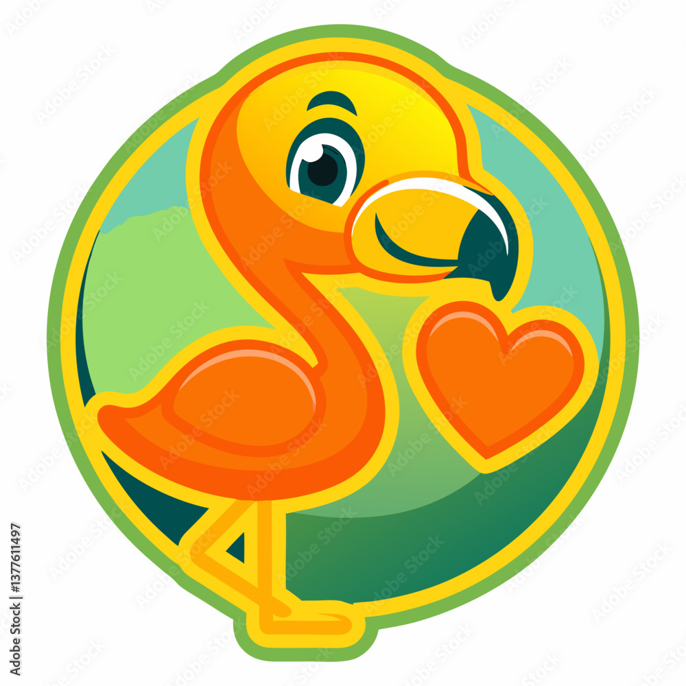 Cute sticker with flamingo holding red heart on green background Cute sticker with flamingo holding red heart on green background