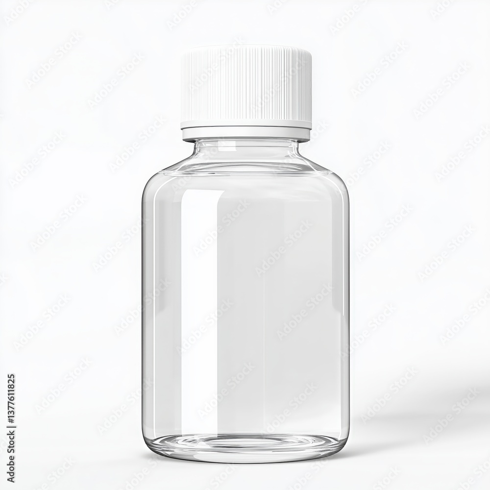 Clear liquid medicine bottle with white ribbed cap, set against a plain white background, pharmaceutical container, for health and medical themes. Clear liquid medicine bottle with white ribbed cap, set against a plain white background, pharmaceutical container, for health and medical themes.