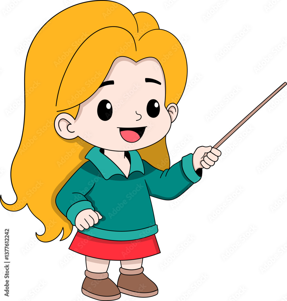 Cartoon Girl Character Explaining with Pointer Stick for Educational and Presentation Concepts Cartoon Girl Character Explaining with Pointer Stick for Educational and Presentation Concepts