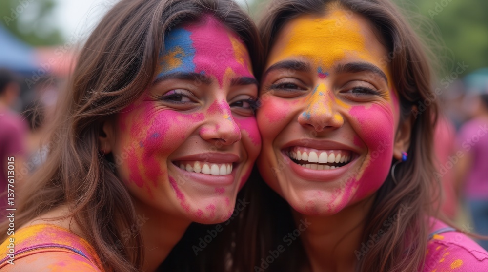 Fototapeta premium Joyful Indian young women celebrating with colorful powder at festival