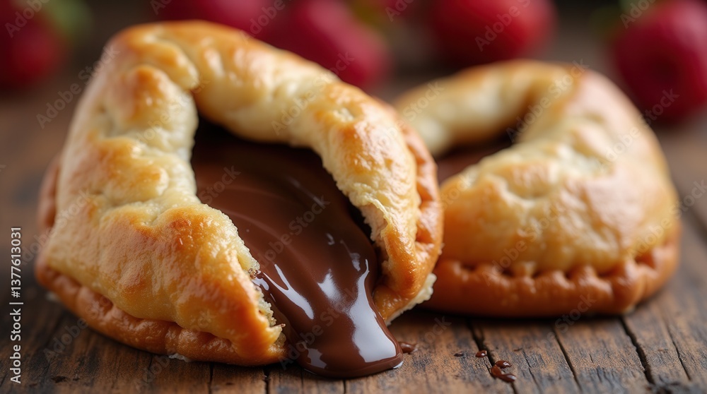 Tempting chocolate-filled pastry pockets on wooden table Tempting chocolate-filled pastry pockets on wooden table
