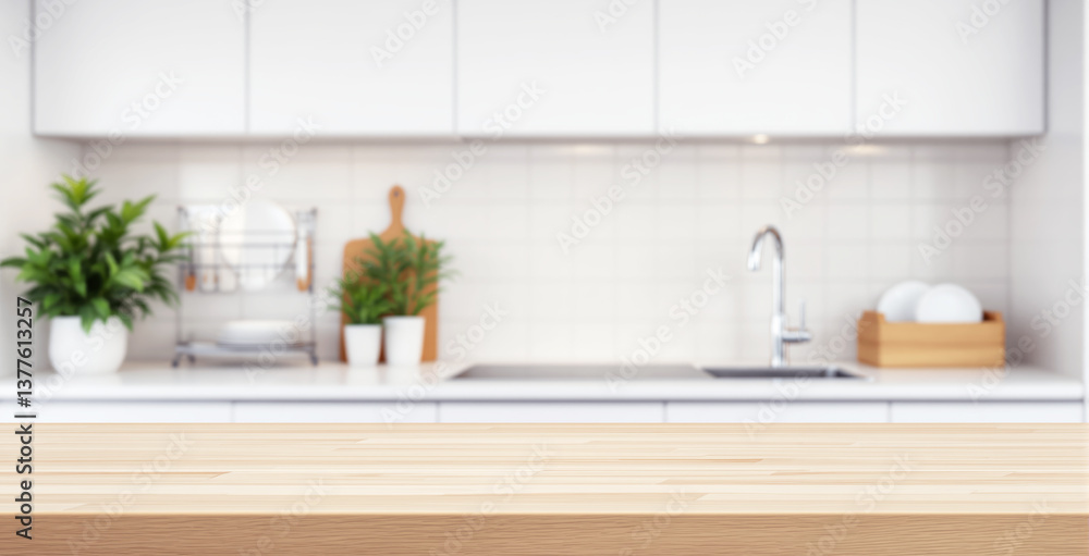 Wooden countertop top with modern kitchen background, minimal white cabinets, green plants, and dishes, ideal for food or product display mockup. Ai generative Wooden countertop top with modern kitchen background, minimal white cabinets, green plants, and dishes, ideal for food or product display mockup. Ai generative