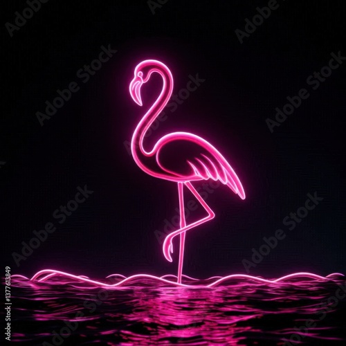 Solid black background with a glowing neon pink flamingo standing on one leg in the center, illuminated faintly 3