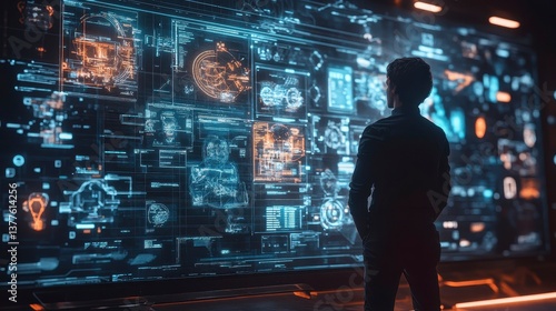 Futuristic Technology Interface with User Analyzing Digital Data