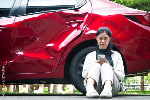 Car accident.Young Asian woman after car accident.