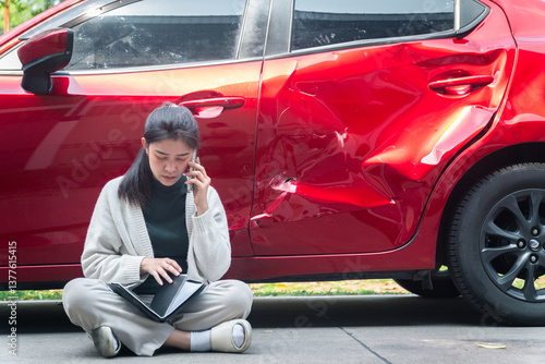 Car accident.Young Asian woman after car accident.