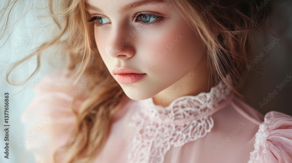 Naklejka premium Portrait of a Young Girl with Soft Expression and Natural Light
