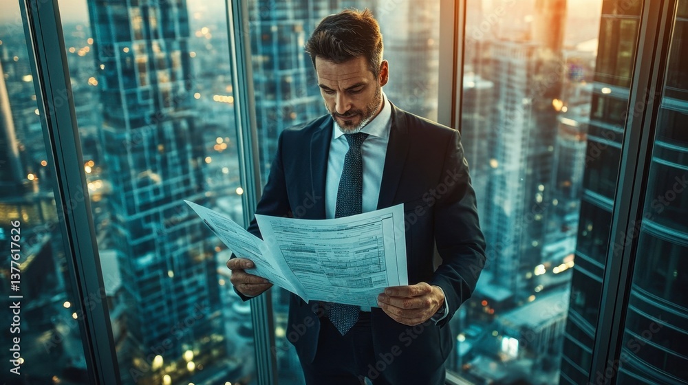 Fototapeta premium Man in a suit reading a newspaper while sitting on a bench in an urban environment