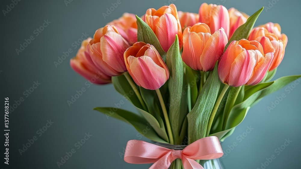 Fototapeta premium Fresh Pink Tulips in Vase with Green Background and Ribbon Detail