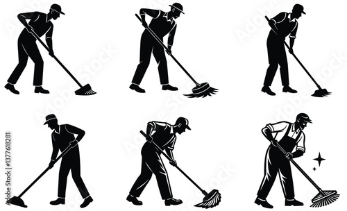 Janitor sweeping the floor silhouette black vector art set design