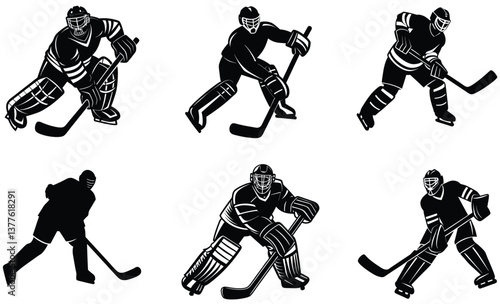Hockey goalie blocking a shot silhouette black vector art set design