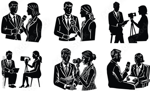 Journalist interviewing someone silhouette black vector art set design