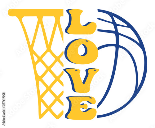 I Love basket - golden yellow and blue with basketball ball and basket, sport vector graphics for street art - graffiti lettering typography - art illustration - multicolor - writen Word -	
