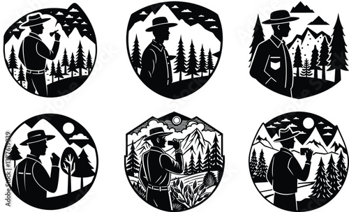 Park ranger observing nature silhouette black vector art set design