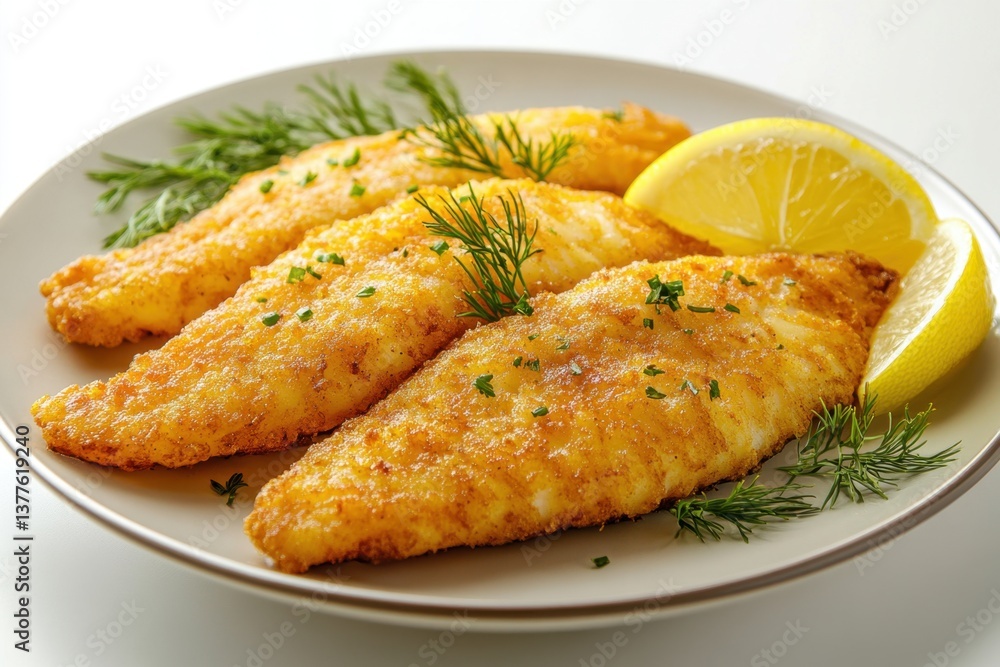 Golden Fried Fish Fillets on Plate with Lemon and Dill A Culinary Delight Appetizing Meal Close Up Golden Fried Fish Fillets on Plate with Lemon and Dill A Culinary Delight Appetizing Meal Close Up