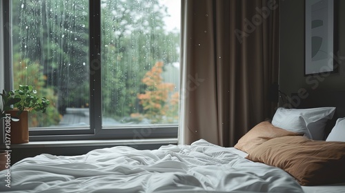 A cozy bedroom with a soft bed, featuring light brown pillows, and a rainy window showcasing lush greenery outside.