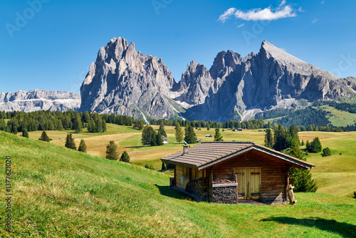 Seiser Alm (Alpe di Siusi). Valgardena Italy. Panorama view with the Sassolungo mountain peak