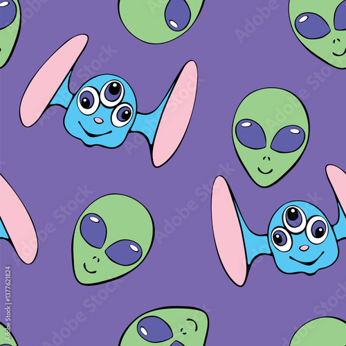 Seamless pattern with funny Aliens heads in doodle flat style. Humanoids, visitors, Martians. Vector cute background, texture on theme of space, UFO, fantastic, kids design