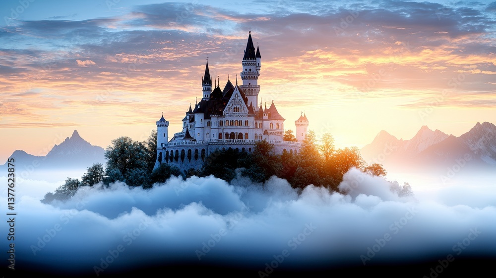 Fototapeta premium Fairytale Castle Sunrise Above Misty Mountain Peaks