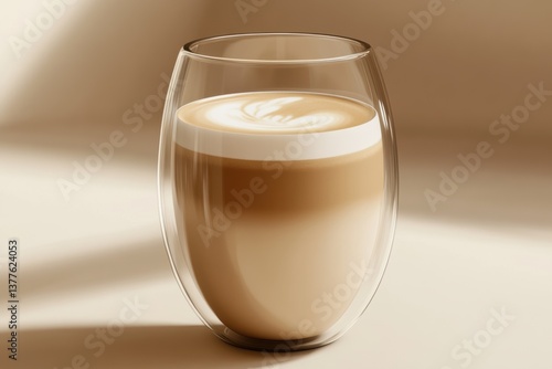 Coffee in a clear glass cup showcasing layers of espresso and milk on a soft, neutral background highlighting its creamy texture and artistic froth design