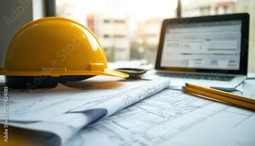 Estimates and blueprints on estimator desk. Job in construction estimation. Yellow hard hat on scrolls, laptop, window. Construction industry concept. Planning, pricing and budgeting.