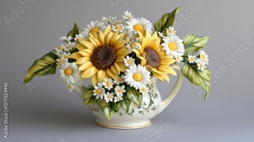 Wallpaper Mural A bold sunflower and daisy arrangement in a hand-painted ceramic jug. Torontodigital.ca