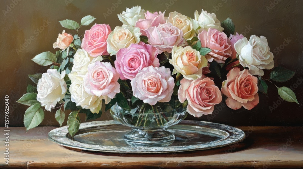 A bouquet of fresh roses in soft pastel colors, arranged in a vintage glass vase on a wooden table. A bouquet of fresh roses in soft pastel colors, arranged in a vintage glass vase on a wooden table.