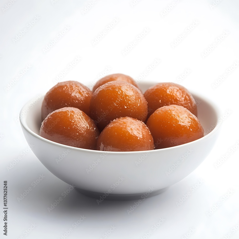Sweet Gulab Jamun in a White Bowl, Traditional Indian and Pakistani Dessert Sweet Gulab Jamun in a White Bowl, Traditional Indian and Pakistani Dessert