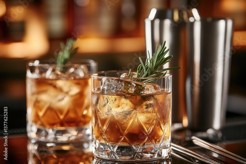 Cocktails served on a bar counter with fresh herbs and ice at a trendy cocktail lounge in the evening