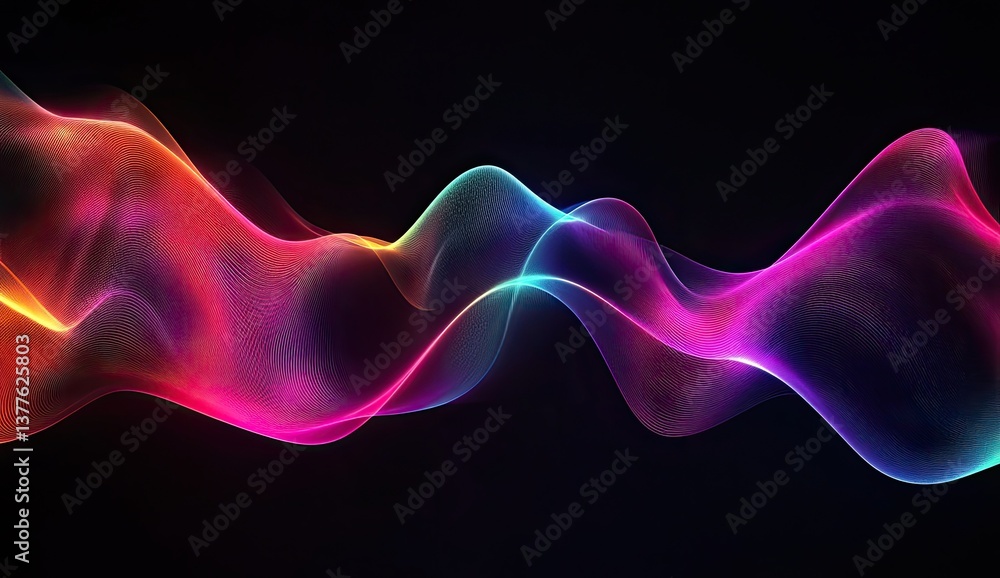 Abstract, vibrant, glowing waves of color.  A dynamic, flowing pattern of colorful, translucent lines undulate across a dark background. The lines shimmer with various hues,