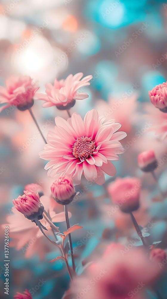 Dreamy Pink Chrysanthemum Flowers Bloom in Soft Pastel Light on Blurred Background Dreamy Pink Chrysanthemum Flowers Bloom in Soft Pastel Light on Blurred Background