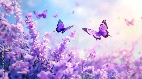Fototapeta Naklejka Na Ścianę i Meble -  Vibrant purple butterflies dancing among blossoming flowers in dreamy meadow
