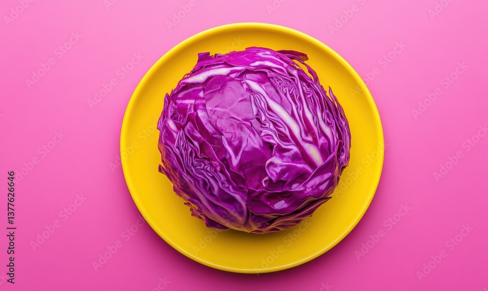 Fototapeta premium Fresh purple cabbage placed on a vibrant yellow plate against a striking pink background showcasing color contrast and food presentation