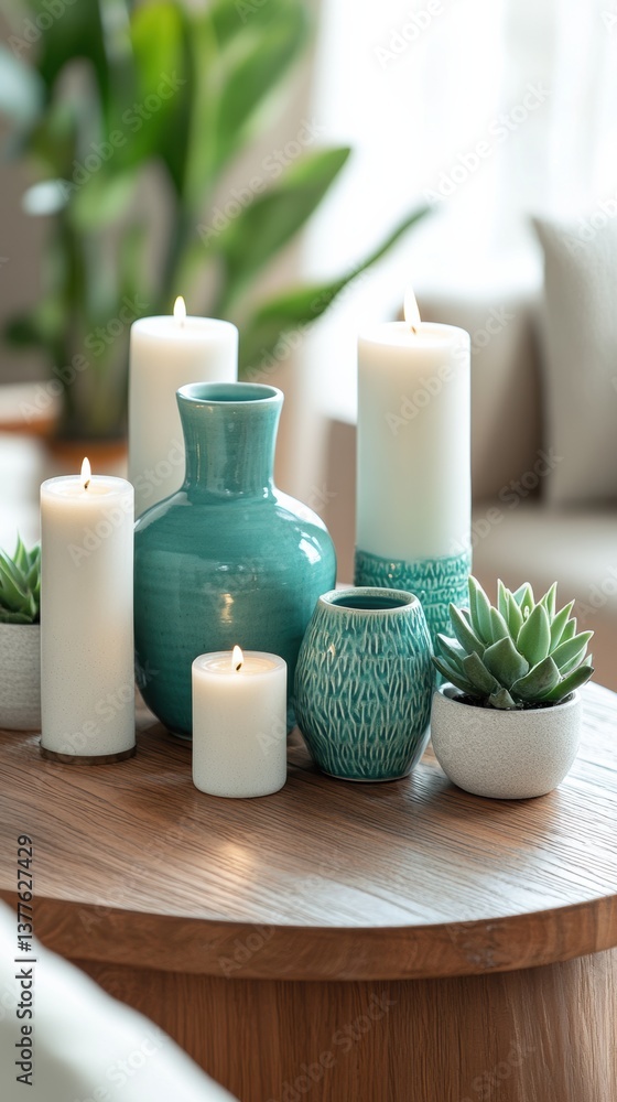 Stylish tabletop arrangement featuring candles, vases, and succulent plants on a wooden surface in a bright living space Stylish tabletop arrangement featuring candles, vases, and succulent plants on a wooden surface in a bright living space