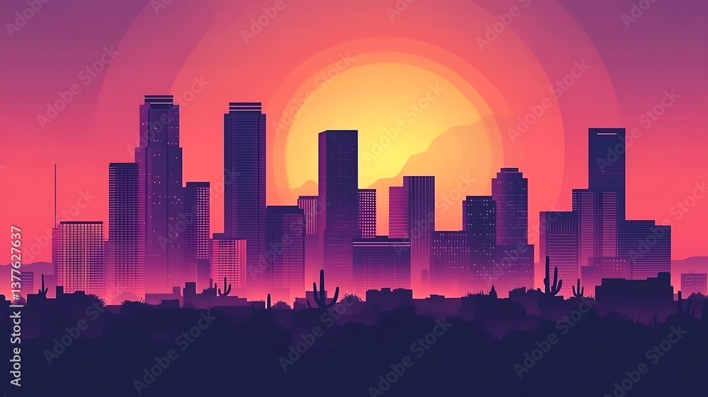Naklejka premium Sunset Cityscape with Desert Skyline.
