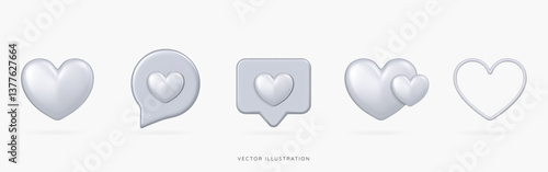 3D Social media chrome likes and emoji icon set. Speech bubble messages with silver hearts. Metallic material. Futuristic Y2K elements. Cartoon design icons isolated on white. 3D Vector illustration